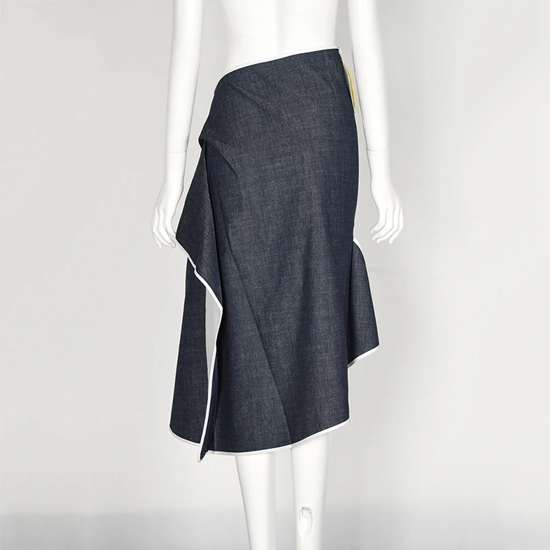 

[EAM] High Waist Contrast Color Spliced Pleated Asymmetric Half-body Skirt Blue Women Fashion Tide New Spring Autumn 2021 1A244
