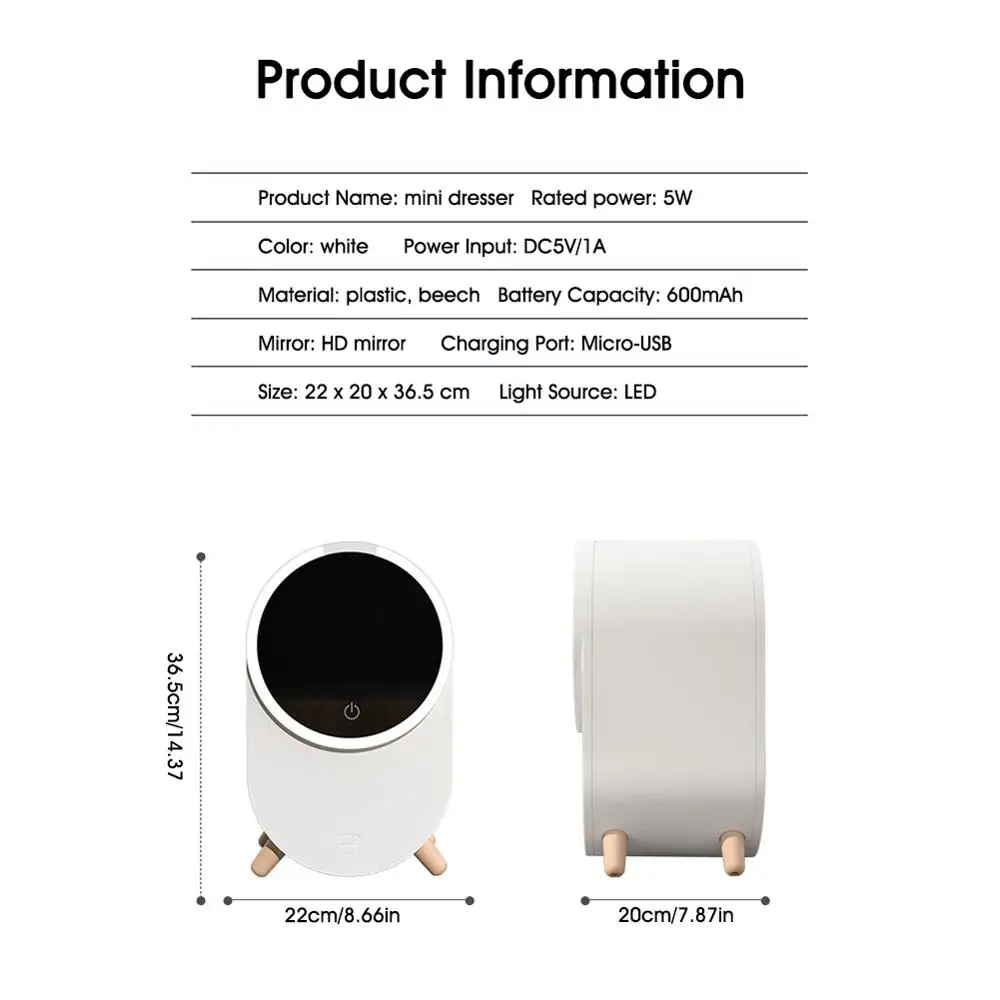 

Makeup Organizer Cosmetics Organizer Storage LED Lighted Mirror 360 Rotation USB Charging White Jewelry Holder Stand