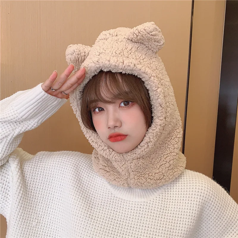 Шапка шарф с мультяшными медвежьими ушками женский зимний пушистый мягкий