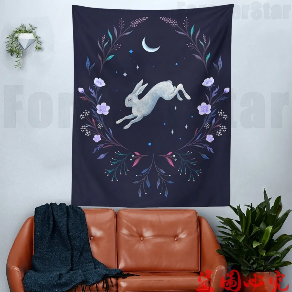 

Moon Rabbit Tapestry Wall Hanging Hand Hippie Floral Witchcraft Decor Tapestries Indian Boho Mandala Wall Carpet Blanket