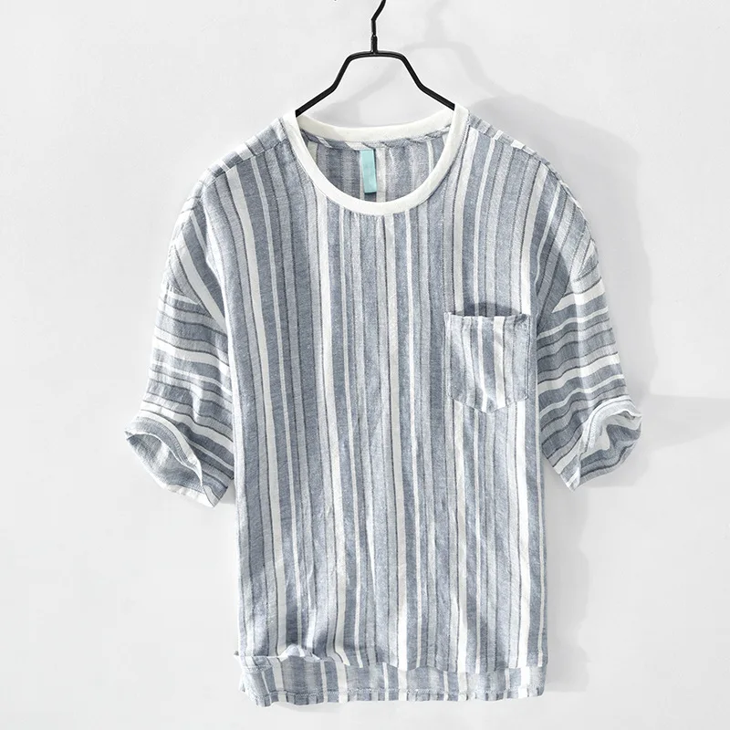 

Z520 new men's casual cotton and linen striped T-shirt in spring and summer
