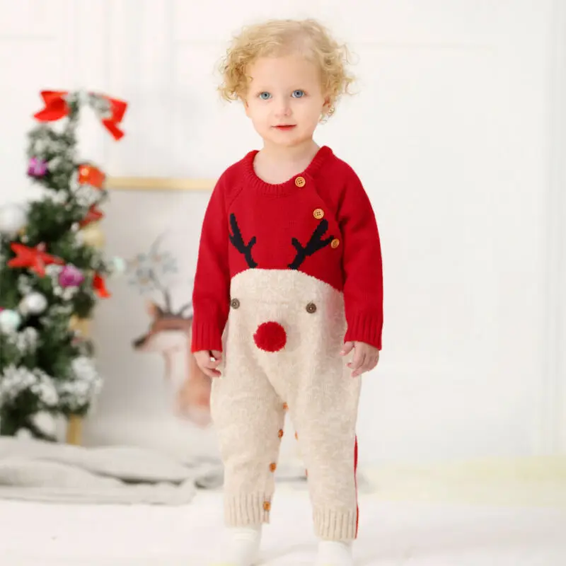 

2021 New 0-18M Christmas Baby Clothes Newborn Infant Boy Girl Deer Romper Knitted Warm Jumpsuit Xmas Baby Costumes Clothes