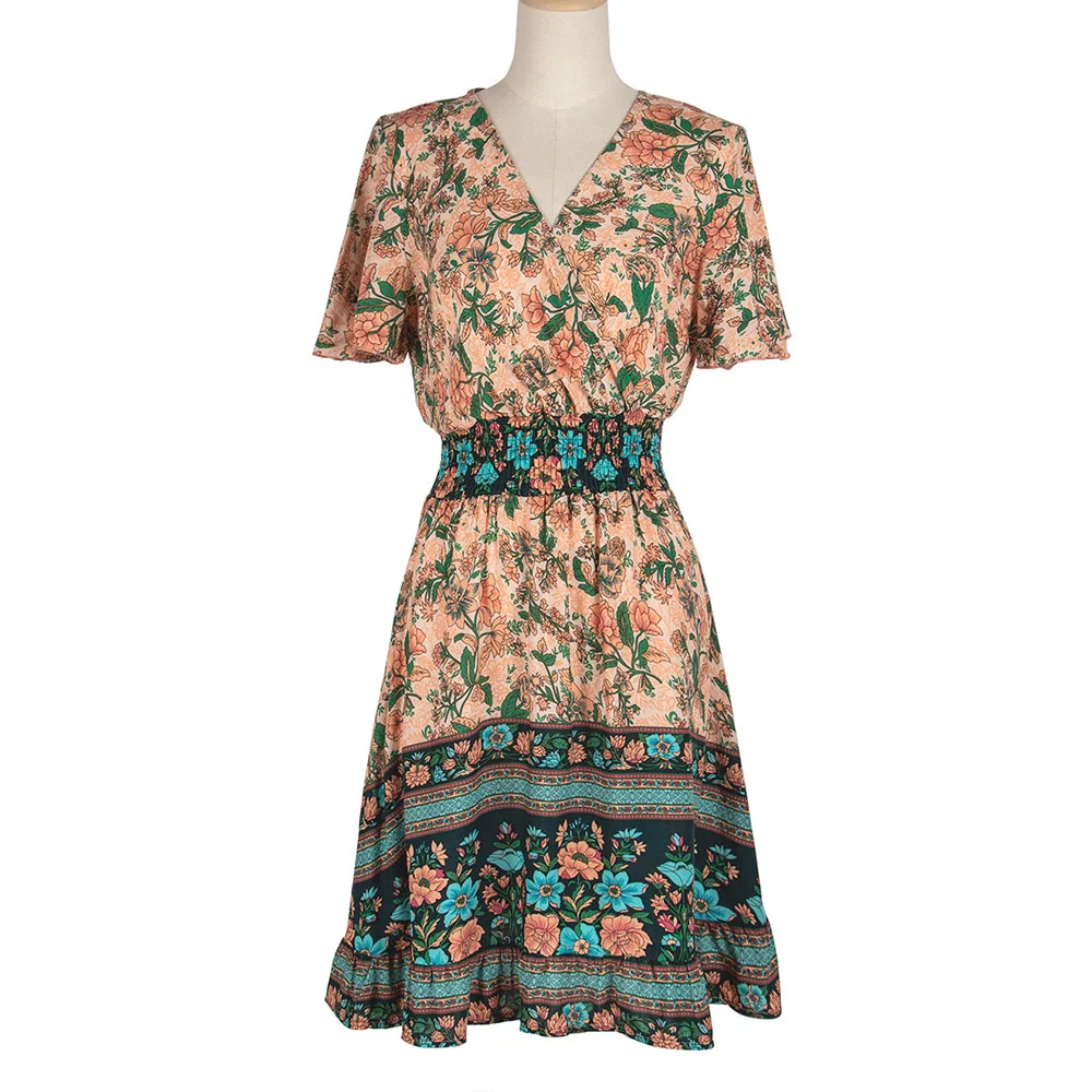 

European American Style Women's High-waisted V-neck Summer Bohemian Print Dress 2021 Summer New Loose Casual V-neck