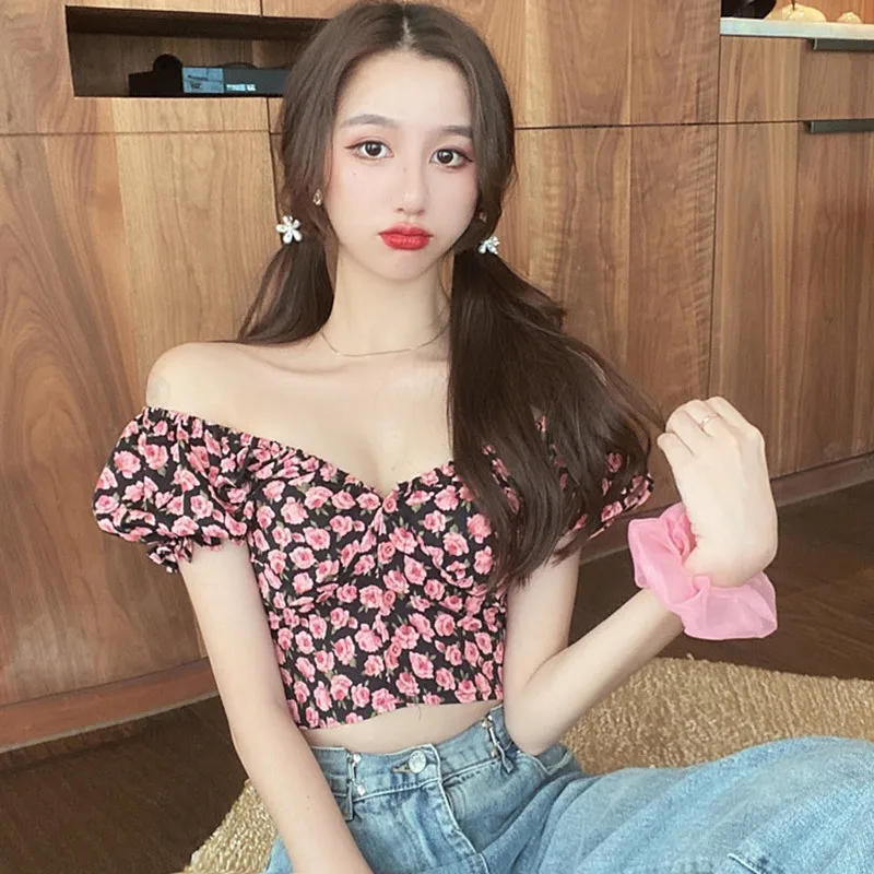 

Sweet Floral Print V-Neck Women's Blouse Sexy Short Sleeve Chiffon Summer Ladies Tops