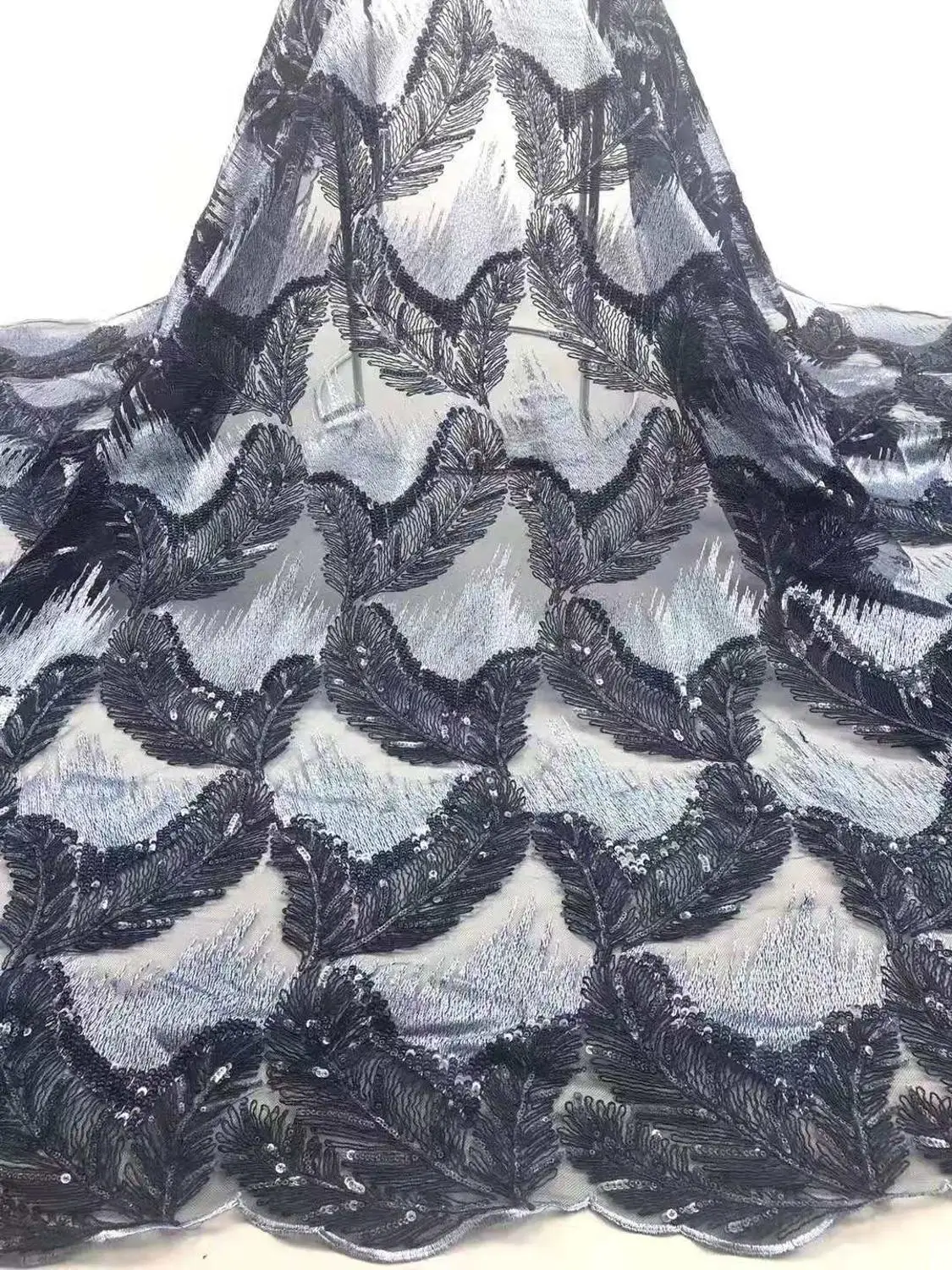 

Fashionable evening dress fabric feather pattern with sequin embroidery African lace fabric Nigeria lace for sew long dress