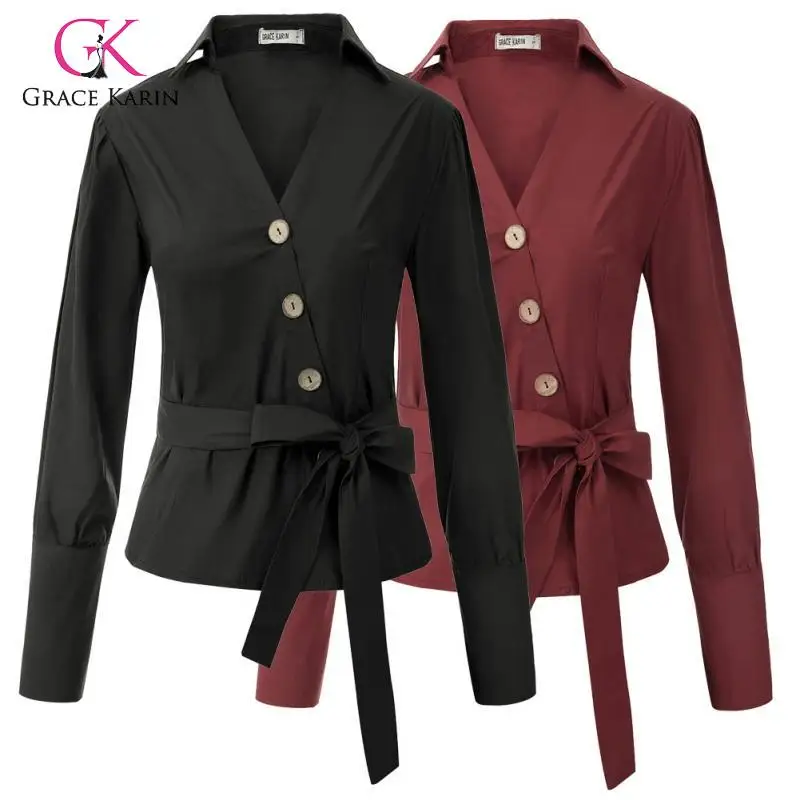 Женская блузка с поясом Grace Karin Однотонная рубашка длинными рукавами на пуговицах