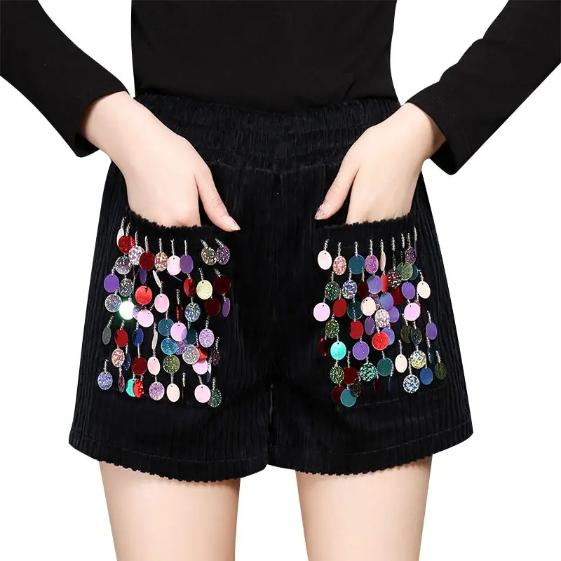 

Fashion Corduroy Shorts Women Korean Style 2023 Autumn Winter High Waist Beading Sequin Short Pants Boots Shorts Femme Y547