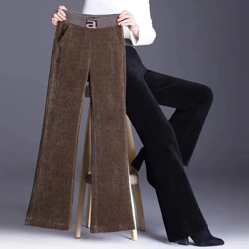 

Casual warm corduroy wide leg pants women korean HIgh waist loose straight pants female 2021 new thickening velvet flare trouser