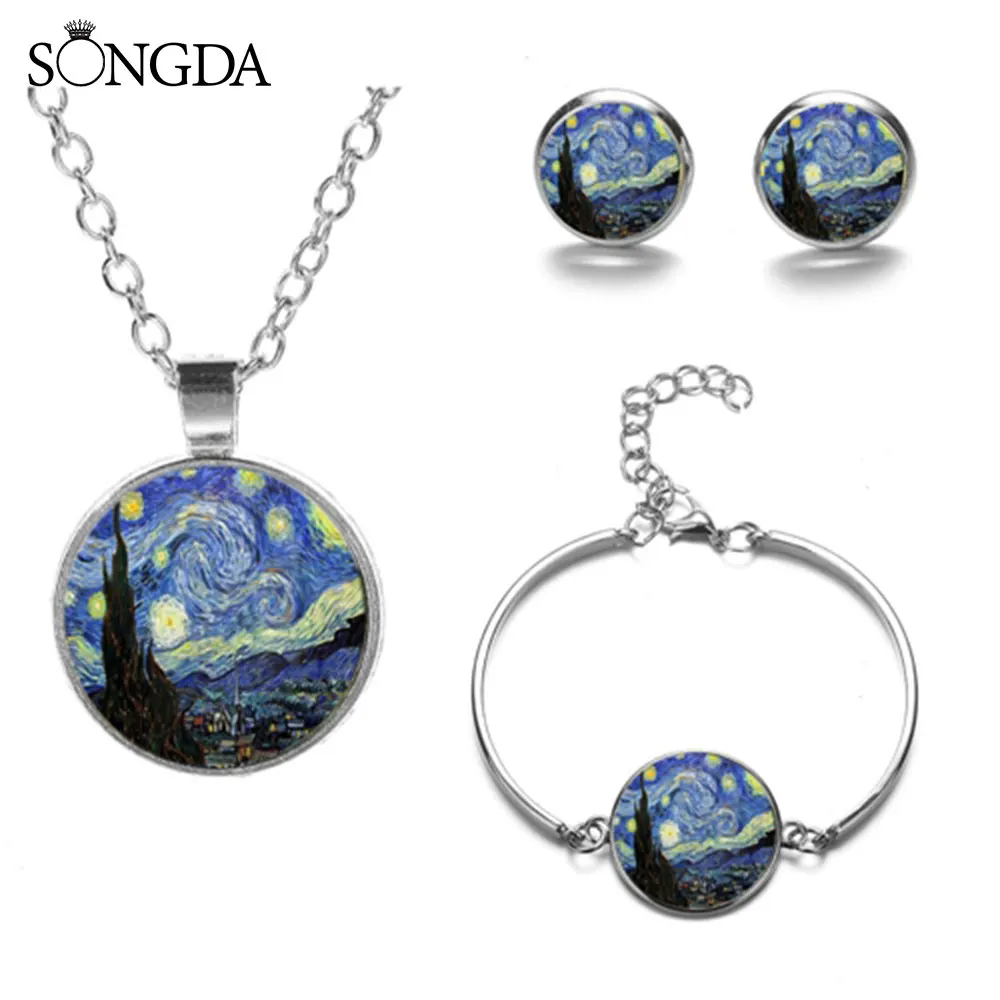 Classic Van Gogh The Starry Night Jewelry Sets Sunflower Art Photo Glass Pendant Necklace Earrings Bracelet Set For Women Gifts | Украшения