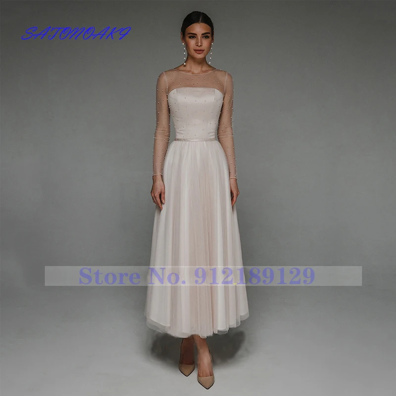 

Vestidos De Novia Ankle Length Short Wedding Dress Simple Detachable Illusion Pearl Coat Long Sleeve Strapless Bridal Gowns