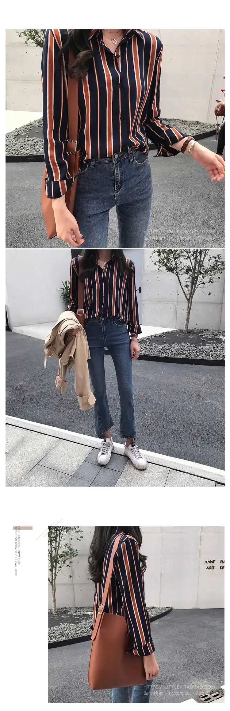 

Houthion Stripe Chiffon Women's Blouses Fashion Casual Retro Temperament Blouse Shirt Long Sleeve Top Spring Summer