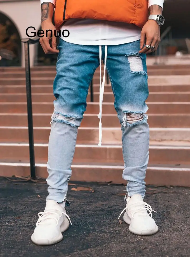 Брюки мужские джинсовые маленькие штаны молния дырки рваные черные весна