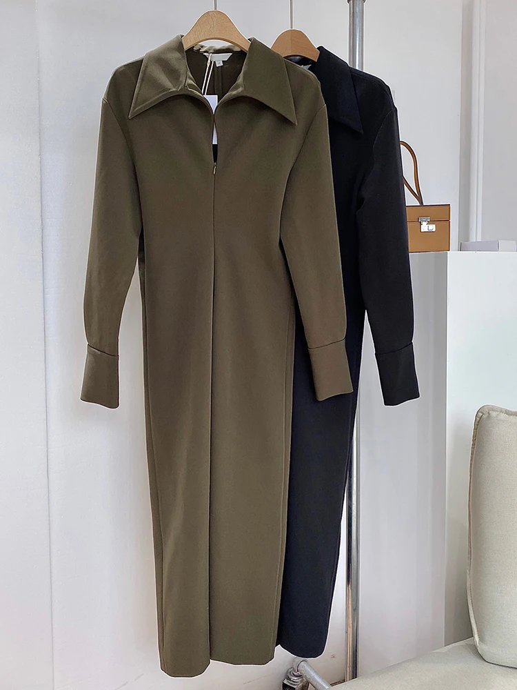 

French Minimalist Black Lapel Zipper Waist Pleated Long-Sleeved Dress Women 2020 Winter New All-Match Long Dress
