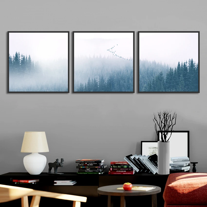 Nordic Стиль Плакаты Туманный лес Настенная картина с ландшафтом изображение для