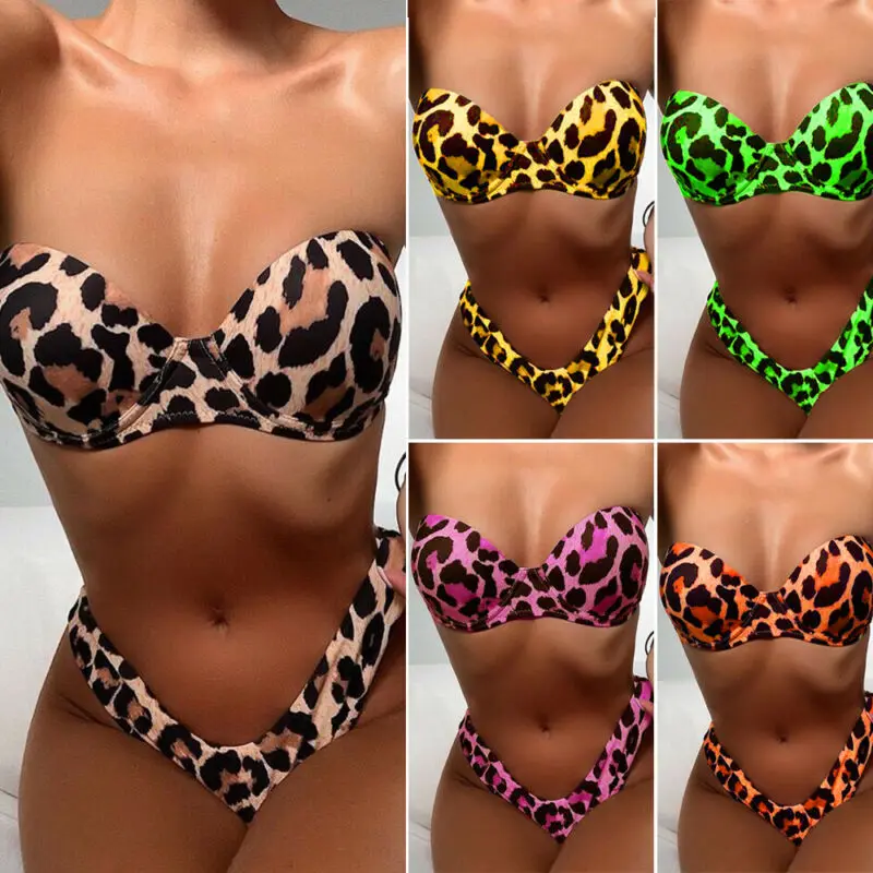 2020 женский леопардовый комплект бикини без бретелек пуш ап с леопардовым принтом
