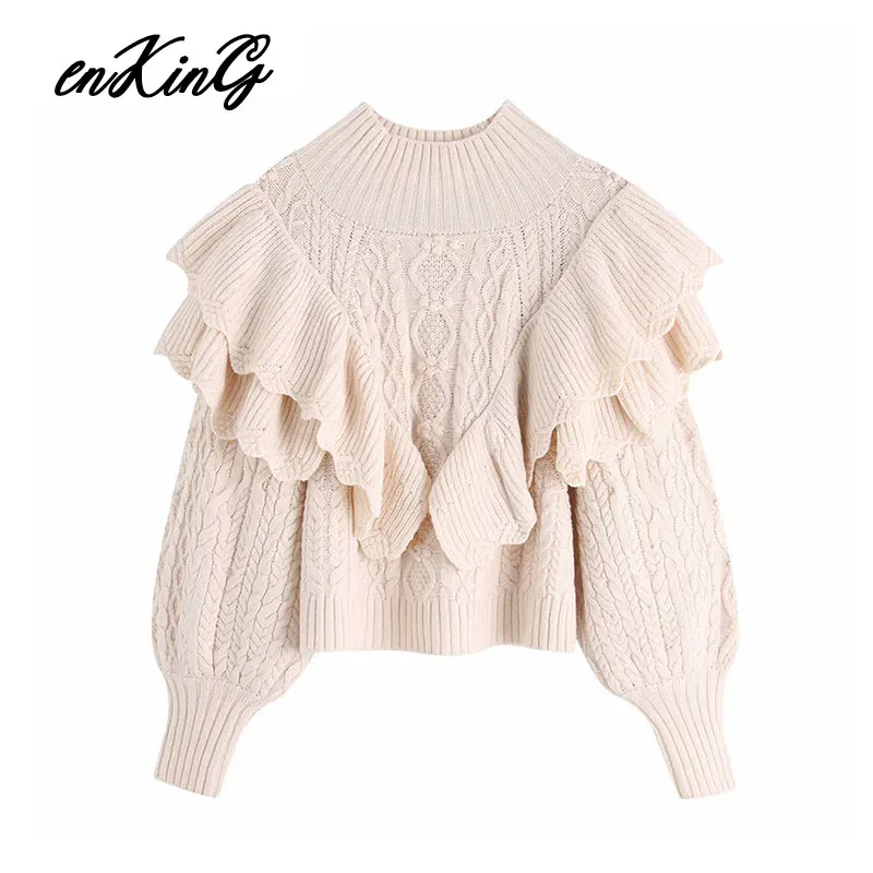 

Женский трикотажный свитер с рукавами-фонариками, укороченным воротником и многослойной оборкой, Осень-зима 2019