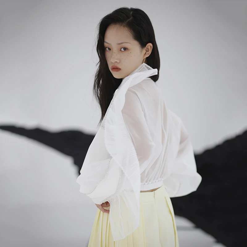 

[EAM] Women Pleated Perspective Organza Three-dimensional Blouse New Long Sleeve Loose Fit Shirt Fashion Spring Summer 2021 1S11