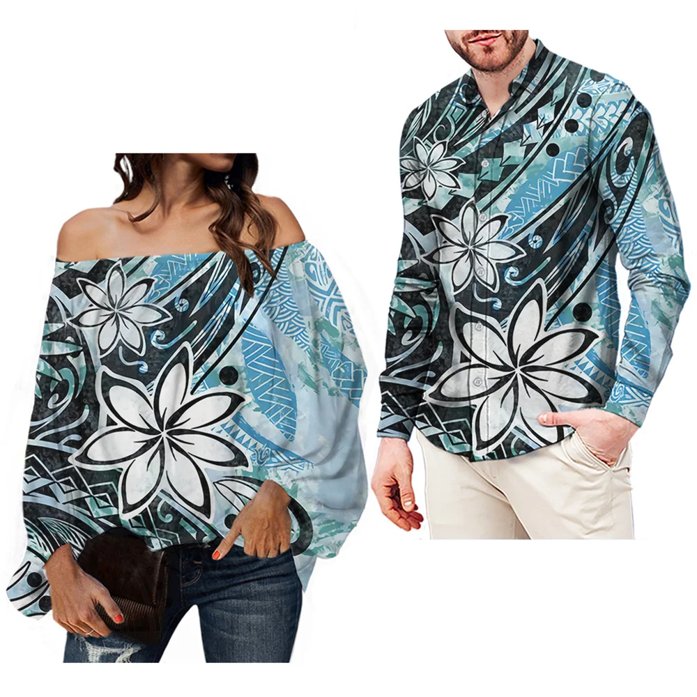 

Hawaii Couple Matching Aloha Shirt Off The Shoulder Blouse Retro Hawaiian Samoan Ocean Blue Tribal Leaves Prints Casual Outfits