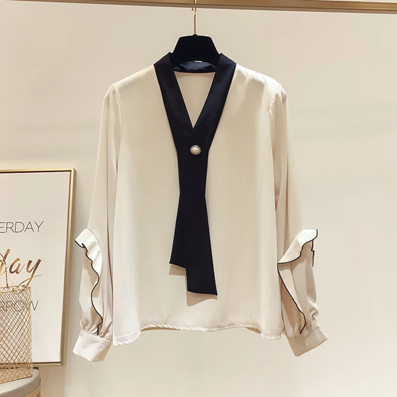 

2021 spring autumn women new fashion color matching V-neck tie long-sleeved chiffon shirt Korean loose casual pullover top s604