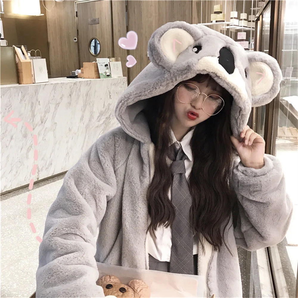 

Kawaii Koala Hooded Plush Winter Zipper Hoodie Gery Women Casual Cute Top Harajuku Funny Splicing Zipper Warm Cardigan Coat