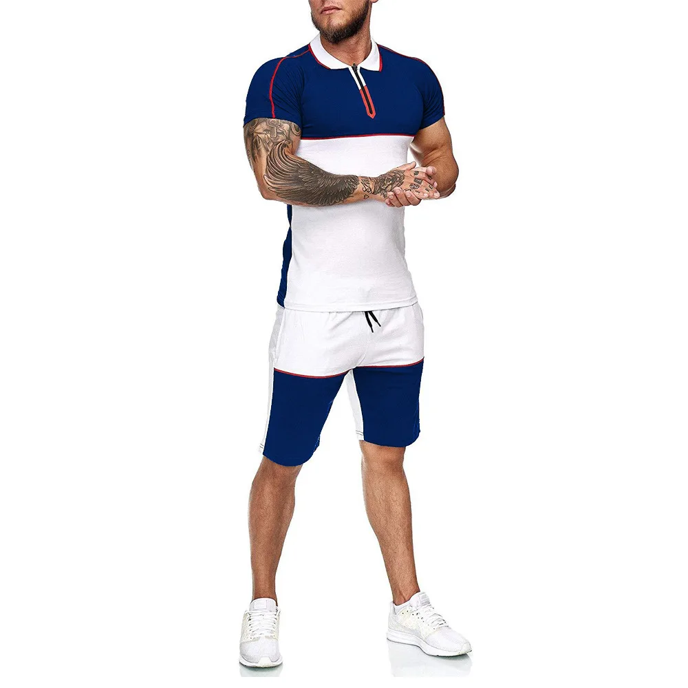 

2021 Men Casual Set Fashion 2 PCS Sweat Suit Short Sleeve zipper T-shirt Shorts Sets Male Sportswear Tracksuit Summer Spor