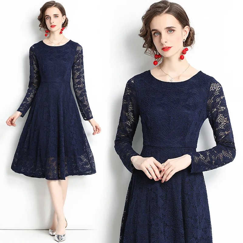 

Женское платье с круглым вырезом, длинным рукавом и кружевом