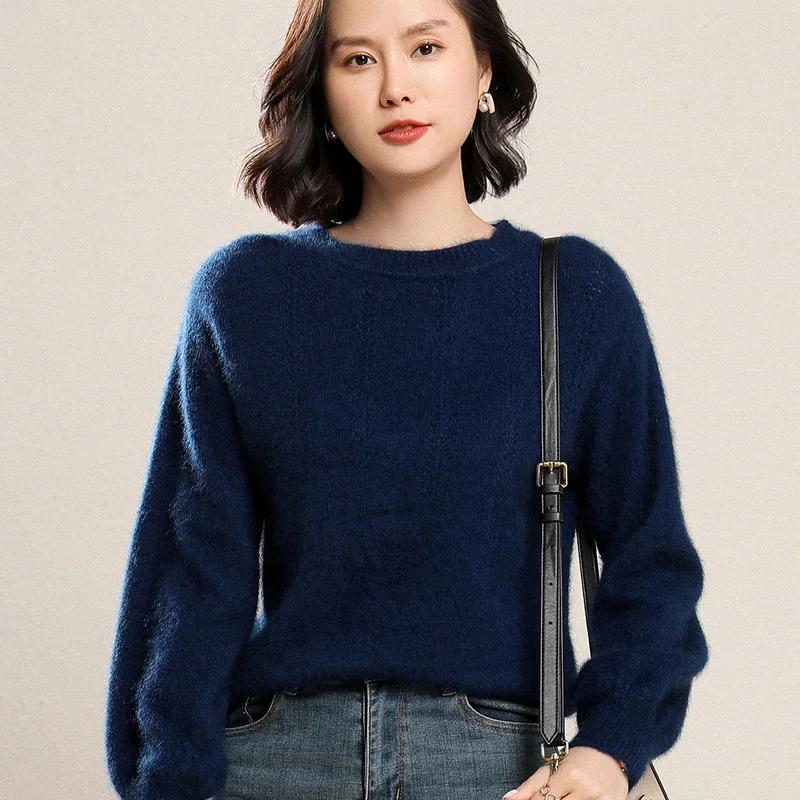 Женский свитер из норковой шерсти пуловер с круглым вырезом свободные рукавами в