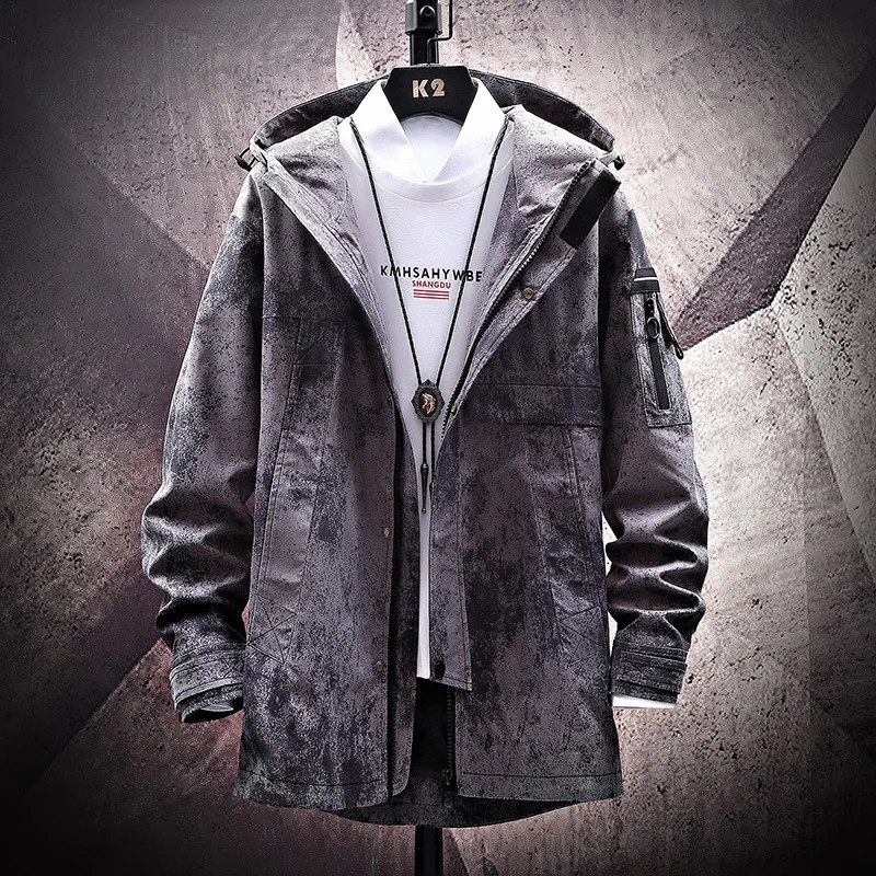 

Korean Youth Color Matching Mid-length Windbreaker 2021 Spring/Autumn Men's Fashion Jacket Hooded Casual Jacket Long Coat Men
