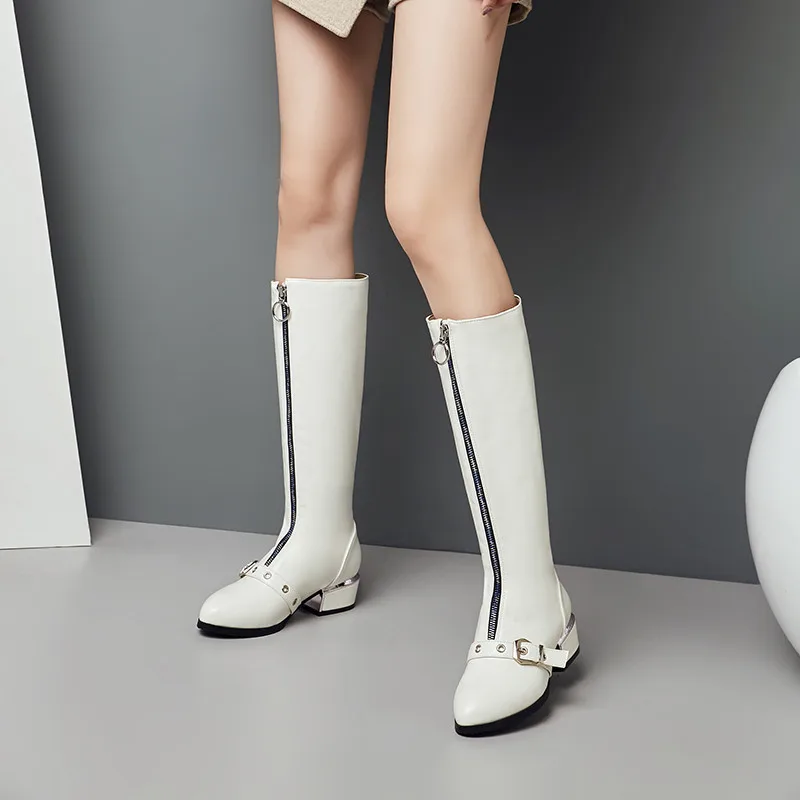 Женские зимние рыцарские сапоги YMECHIC 2019 на массивном каблуке белые черные из