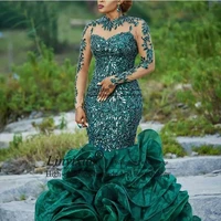abendkleider hunter green evening dress organza applique long formal prom dress sequins sheer neckline robe de soiree abiye
