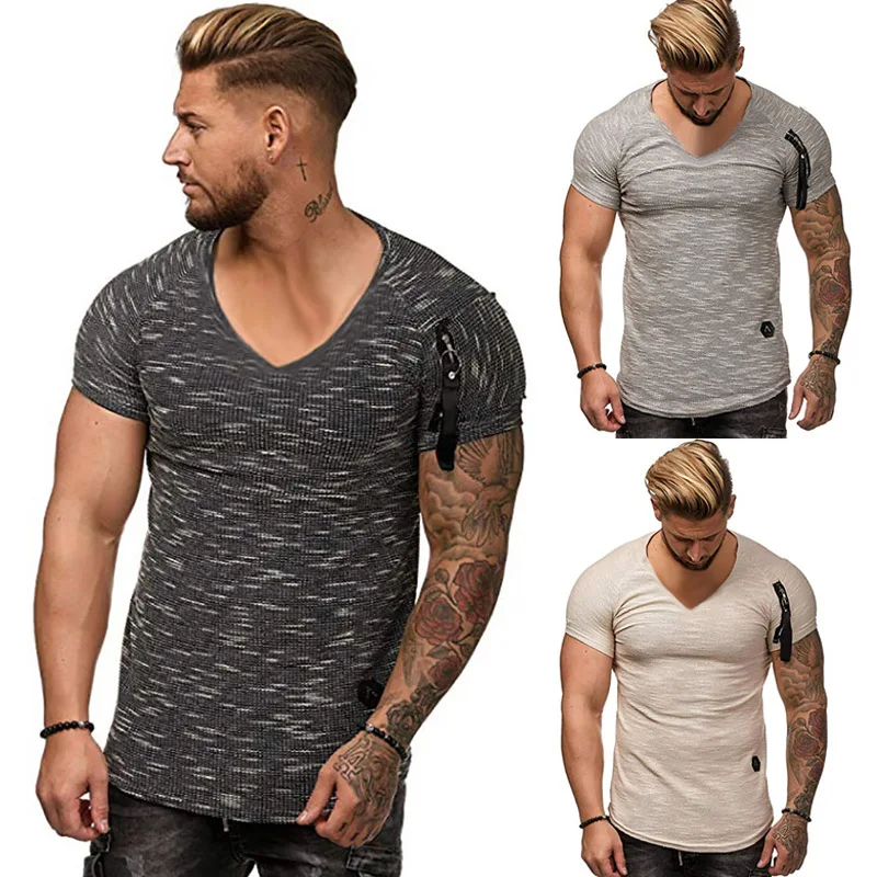 

2021 Oversized T-Shirt Men Short Sleeves T-shirts V Neck Slim Fit Arm Zipper Pullover Tops Men's Clothing for Summer