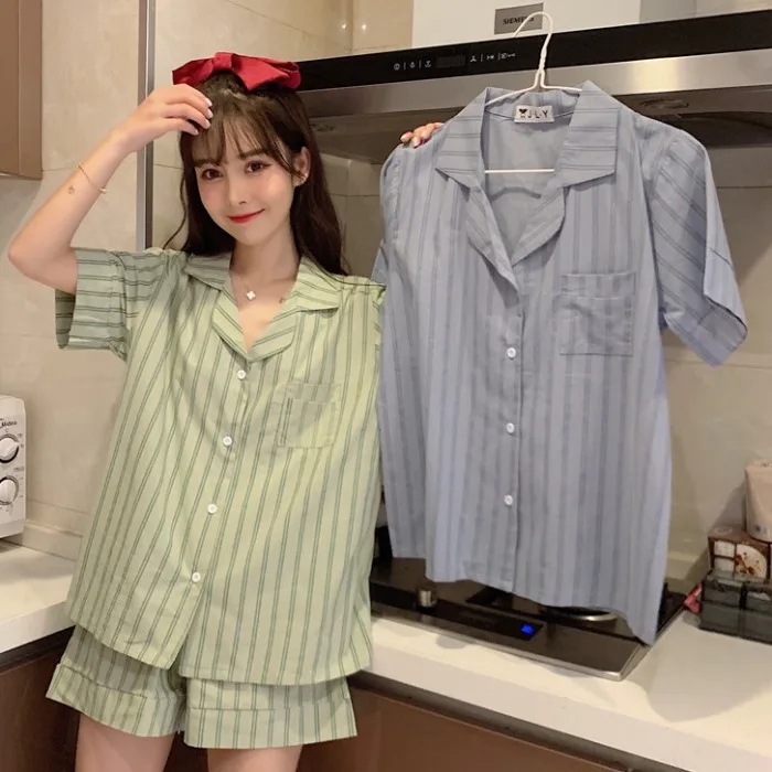 INS Fresh Striped Cotton Linen Pajamas Womens Summer Short Sleeve Shorts Korean Cardigan Home Wear Two Piece Suit Thin