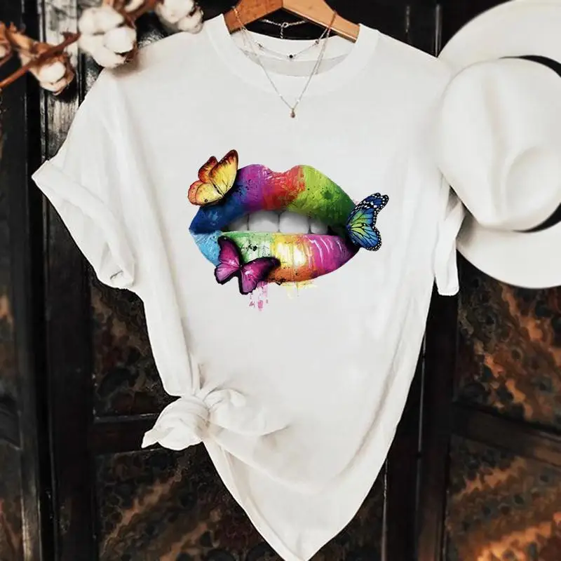 

Women Fashion Short Sleeve Clothing Female Summer Lip Watercolor New 90s Cute Clothes Top Graphic Tee Casual Tshirt T-shirt