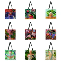 beautiful girl painted traditional linen shopping bag reusable handbag womens shoulder cloth bag foldable linen bag beach tote