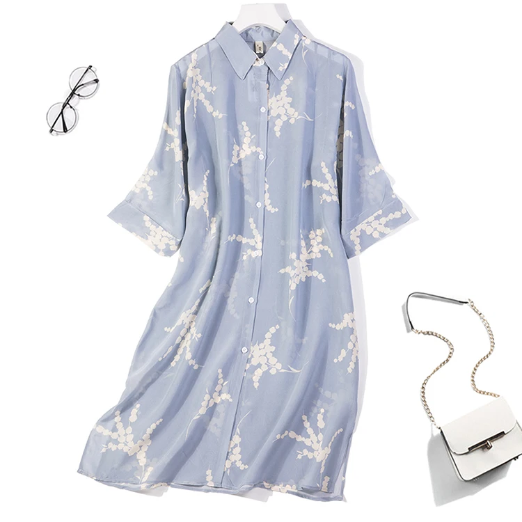 Фото Женское длинное платье-рубашка из 100% чистого шелка на пуговицах кимоно с рукавом