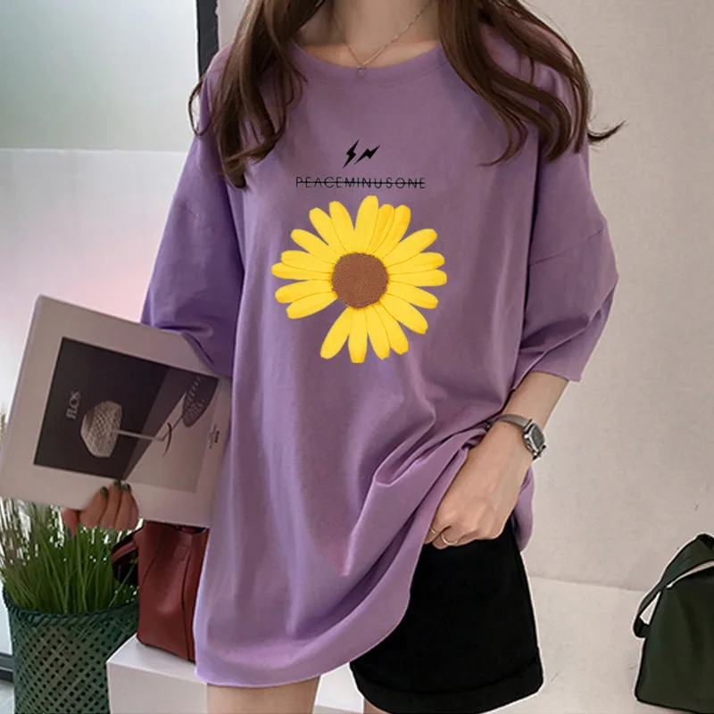 

Summer Spring New Fashion Daisy Print T-shirt Black Purple Women Half Sleeve Mid Length Loose Tops O Neck Casual Overiszed Tees