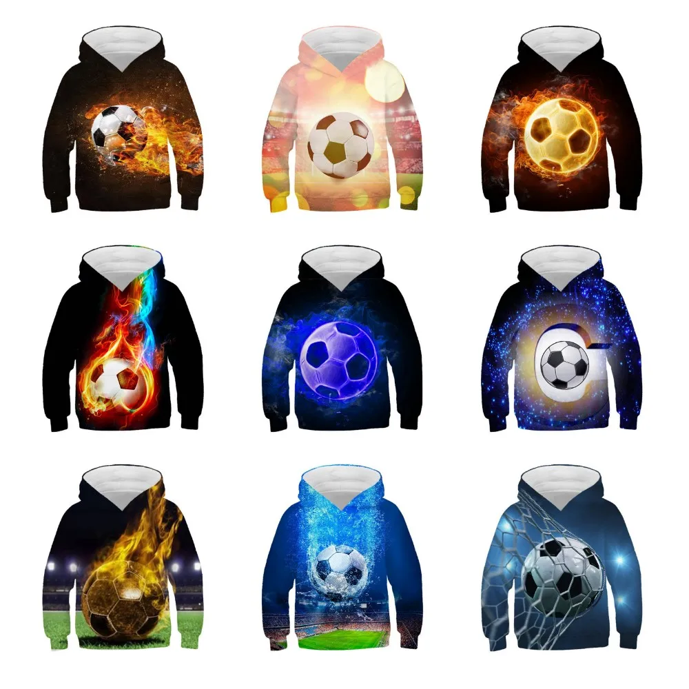 

4-13Y Boy Girl 3D Hoodies Creative Football Soccer Fire Water Print Children Fashion Hooded Sweatshirt Kids Casual Pullover Coat