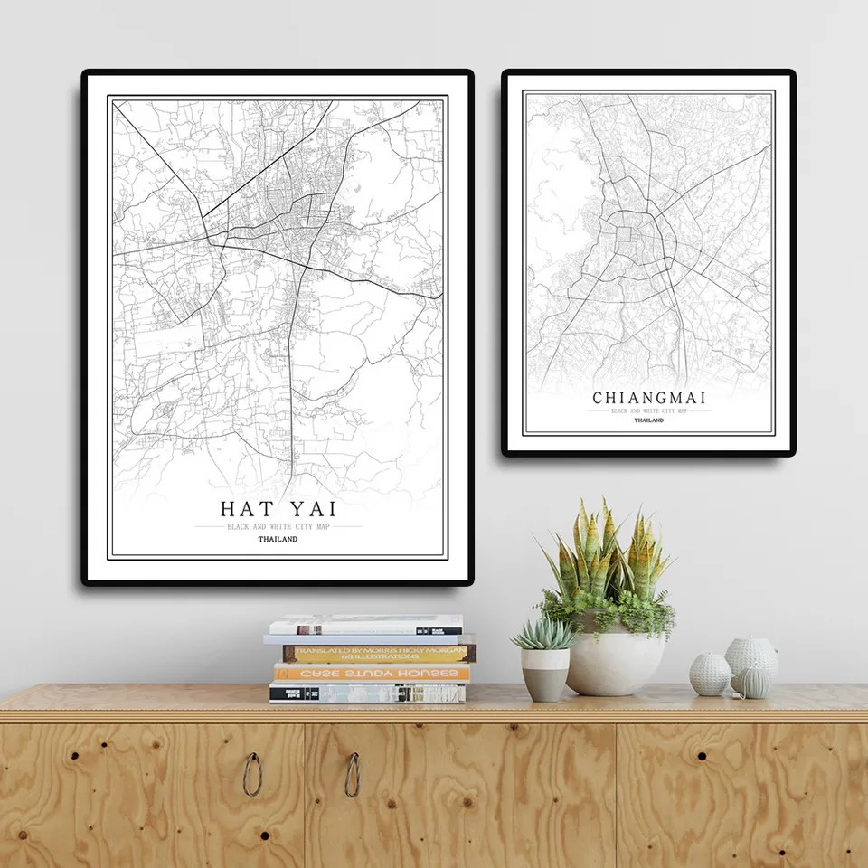 Черный и белый постер с картой города Таиланда скандинавский для гостиной Белый