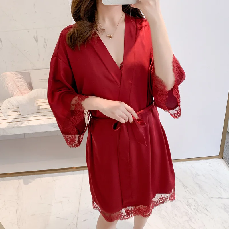 

Spring Autumn Lady's Robe Lace Silk Like Women's Nightgown Is Covered with Loose Version Wedding Morning Robe Bathrobe Homewear