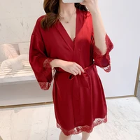 spring autumn ladys robe lace silk like womens nightgown is covered with loose version wedding morning robe bathrobe homewear