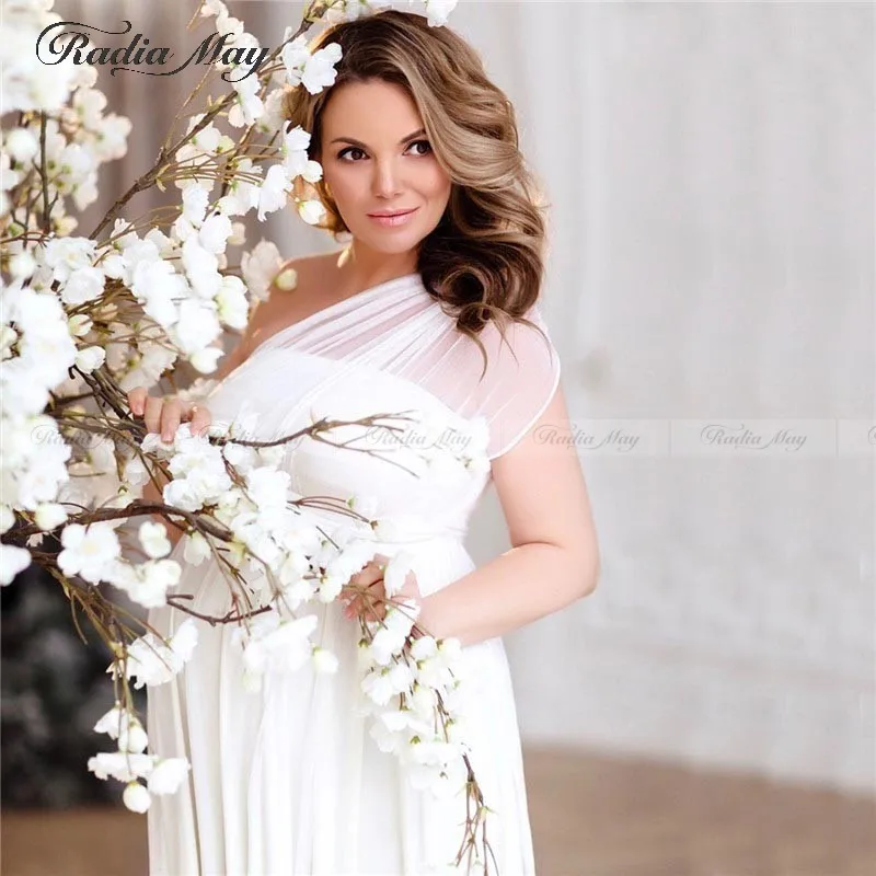 Элегантное белое шифоновое платье с одним плечом для беременных свадебное