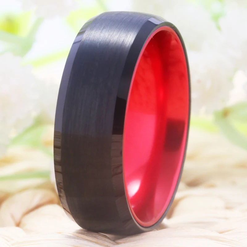 

Tungsten Ring Mens Womens 8mm Black Plated Wedding Band Beveled Edges Anodized Red Aluminum Interior Wedding Bands For Men Women