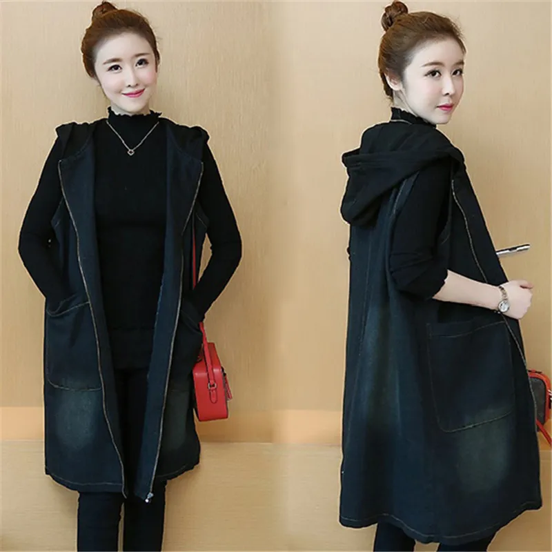 

Spring Autumn Women Knitted Hooded Denim Vest Femme Fashion Big Pocket Long Sleeveless Jacket Female Loose Waistcoat G976