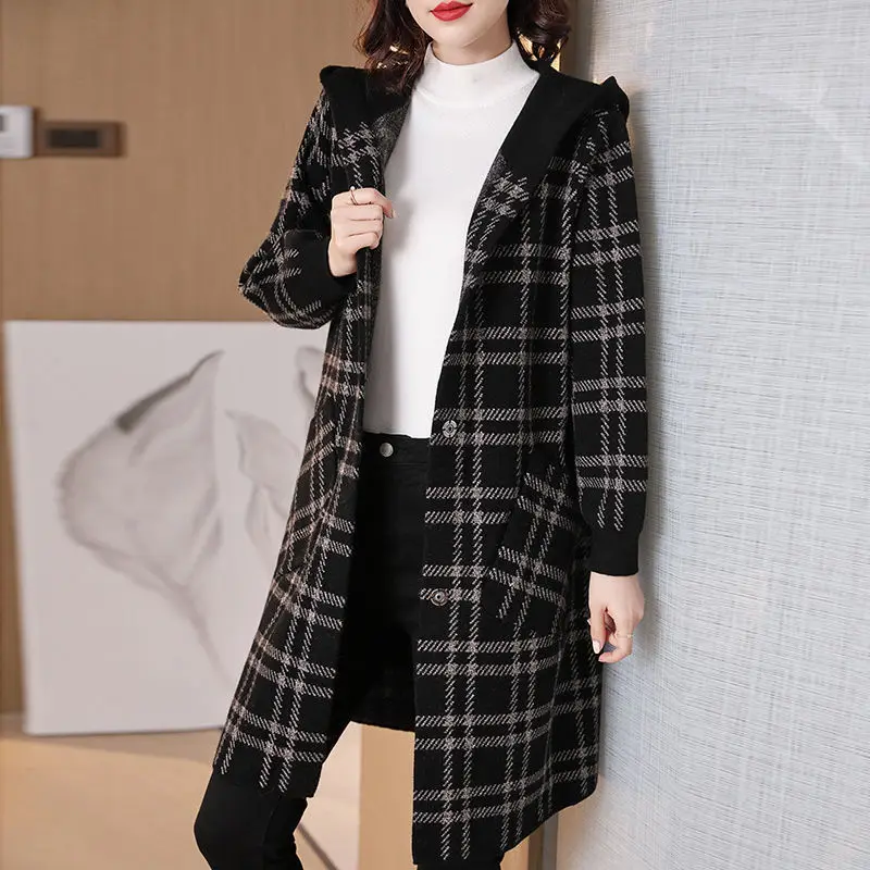 

New Large Size Knitted Cashmere Plaid Coat Women's Mid-length Loose and Thin Square Collar Coat