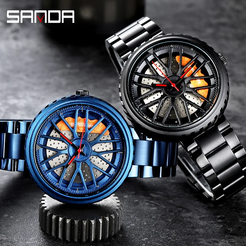 Креативные мужские часы Supercar с вращающимся колесом Скелетон циферблат для