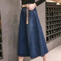 spring sweet korean style all match slim midi long denim skirt women high waist large swing vintage pockets a line jean skirts