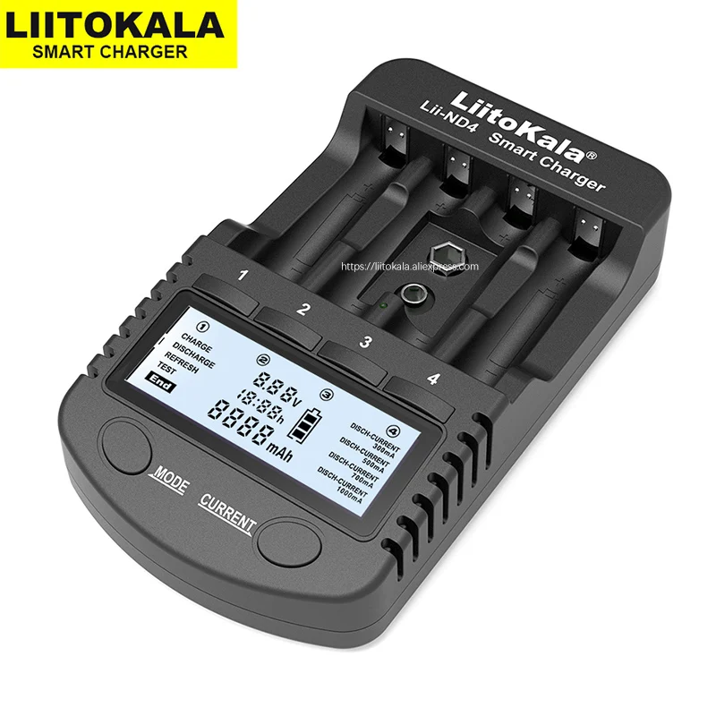 

LiitoKala Lii-ND4 NiMH/Cd charger aa aaa charger LCD Display Test battery capacity For 1.2V aa aaa 9V batteries battery charger