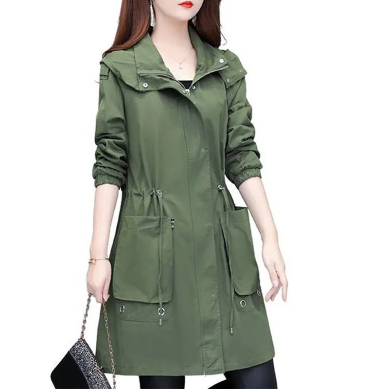 

2021 Spring Autumn New Women's Windbreaker Casual Hooded Drawstring Female Trench Coat Outerwearies Mid Long Ladies Outerwear