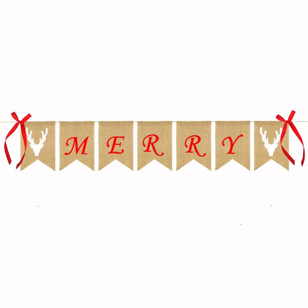 Декоративный баннер Снежинка Олень бант ленты Рождественские гирлянды холщовые
