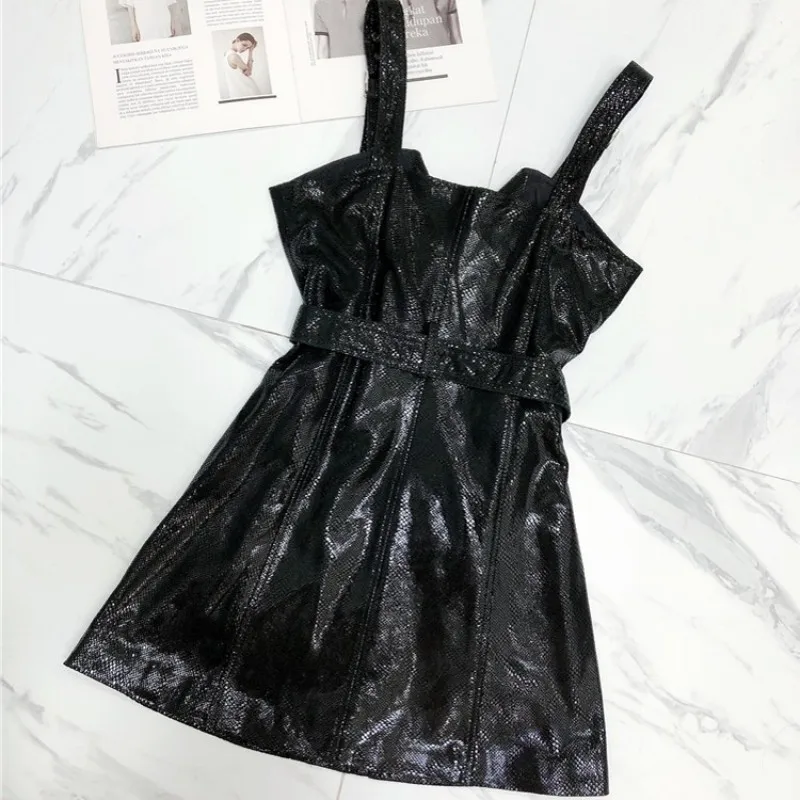 

Весна 100% 2021 и натуральной кожи под платье женская уличная пояса Slim Fit платье на бретелях модное платье с высокой талией, а-линейное короткое ...